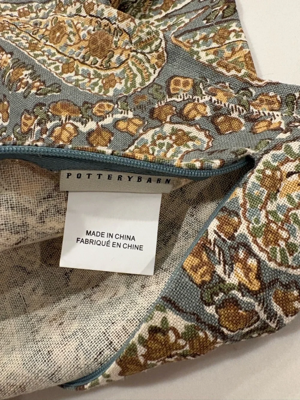 Pottery Barn Paisley Blue Brown Pillow Cover 20”x20” Fall Neutral Linen Cotton